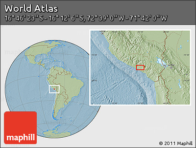 Savanna Style Location Map of the Area around 16° 29' 14" S, 72° 10' 30" W, hill shading