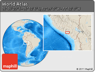 Shaded Relief Location Map of the Area around 16° 29' 14" S, 72° 10' 30" W