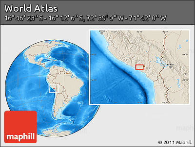 Shaded Relief Location Map of the Area around 16° 29' 14" S, 72° 10' 30" W