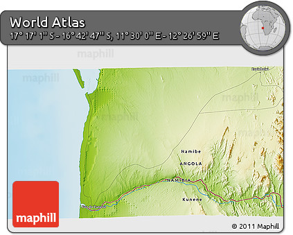 Physical 3D Map of the Area around 16° 59' 54" S, 11° 58' 29" E