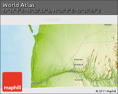 Physical 3D Map of the Area around 16° 59' 54" S, 11° 58' 29" E