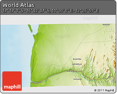 Physical 3D Map of the Area around 16° 59' 54" S, 11° 58' 29" E