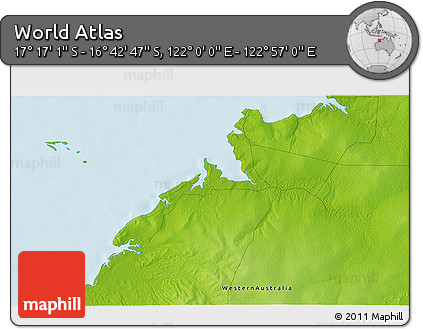 Physical 3D Map of the Area around 16° 59' 54" S, 122° 28' 29" E