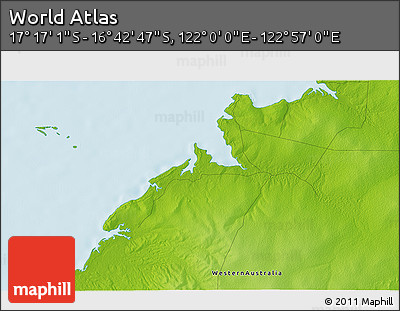 Physical 3D Map of the Area around 16° 59' 54" S, 122° 28' 29" E