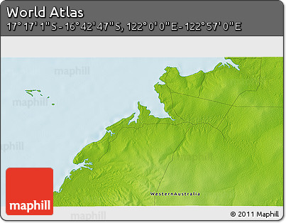 Physical 3D Map of the Area around 16° 59' 54" S, 122° 28' 29" E