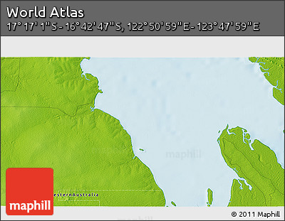 Physical 3D Map of the Area around 16° 59' 54" S, 123° 19' 29" E