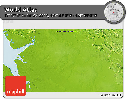 Physical 3D Map of the Area around 16° 59' 54" S, 124° 10' 30" E