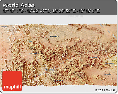 Satellite 3D Map of the Area around 16° 59' 54" S, 12° 49' 29" E