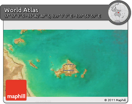 Satellite 3D Map of the Area around 16° 59' 54" S, 139° 28' 29" E