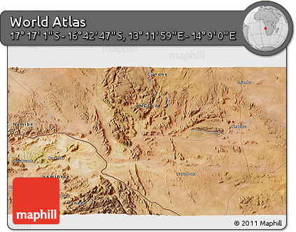 Satellite 3D Map of the Area around 16° 59' 54" S, 13° 40' 30" E