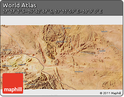 Satellite 3D Map of the Area around 16° 59' 54" S, 13° 40' 30" E