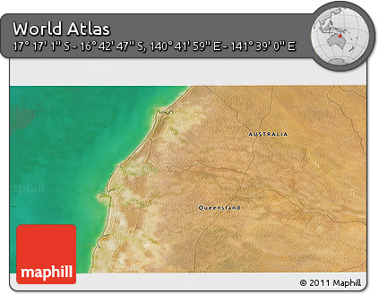Satellite 3D Map of the Area around 16° 59' 54" S, 141° 10' 30" E