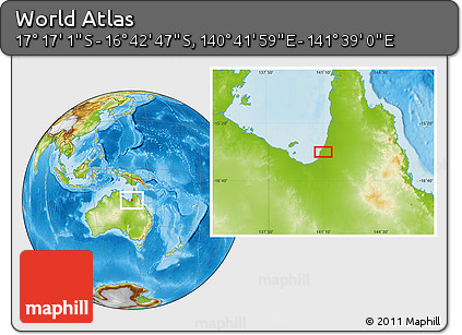 Physical Location Map of the Area around 16° 59' 54" S, 141° 10' 30" E