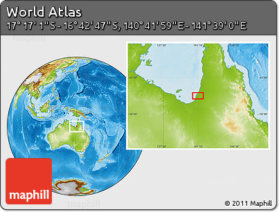 Physical Location Map of the Area around 16° 59' 54" S, 141° 10' 30" E