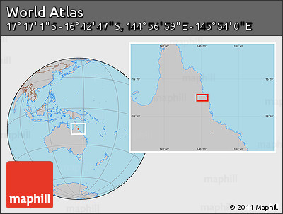 Gray Location Map of the Area around 16° 59' 54" S, 145° 25' 30" E