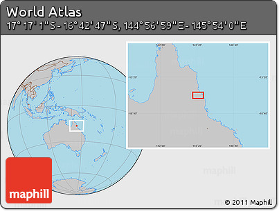 Gray Location Map of the Area around 16° 59' 54" S, 145° 25' 30" E