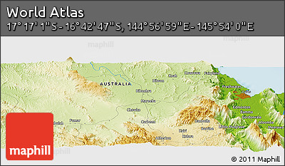 Physical Panoramic Map of the Area around 16° 59' 54" S, 145° 25' 30" E