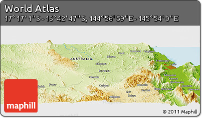Physical Panoramic Map of the Area around 16° 59' 54" S, 145° 25' 30" E