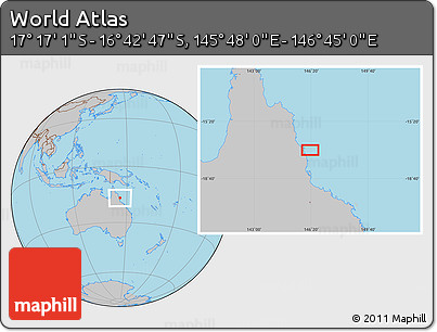 Gray Location Map of the Area around 16° 59' 54" S, 146° 16' 30" E