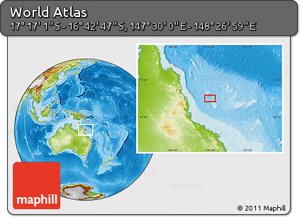 Physical Location Map of the Area around 16° 59' 54" S, 147° 58' 29" E