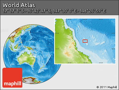 Physical Location Map of the Area around 16° 59' 54" S, 147° 58' 29" E