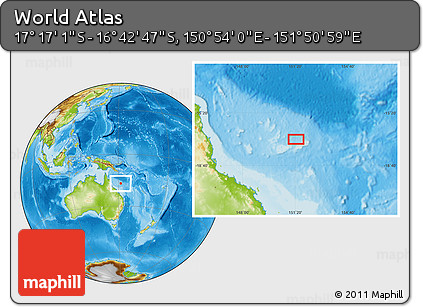 Physical Location Map of the Area around 16° 59' 54" S, 151° 22' 30" E
