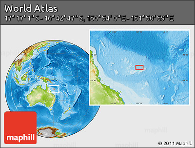 Physical Location Map of the Area around 16° 59' 54" S, 151° 22' 30" E