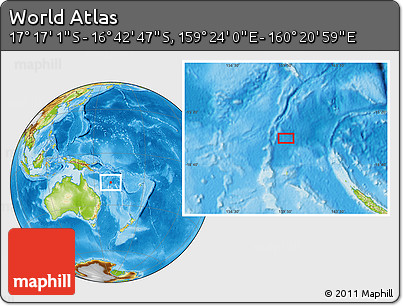 Physical Location Map of the Area around 16° 59' 54" S, 159° 52' 30" E