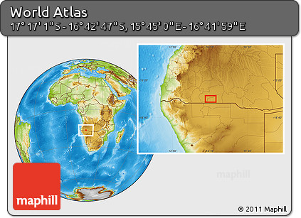 Physical Location Map of the Area around 16° 59' 54" S, 16° 13' 30" E