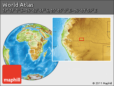 Physical Location Map of the Area around 16° 59' 54" S, 16° 13' 30" E