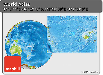 Physical Location Map of the Area around 16° 59' 54" S, 174° 19' 29" E
