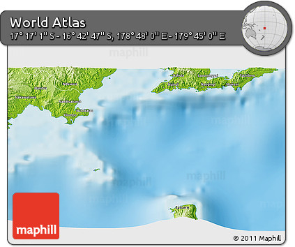 Physical 3D Map of the Area around 16° 59' 54" S, 179° 16' 30" E