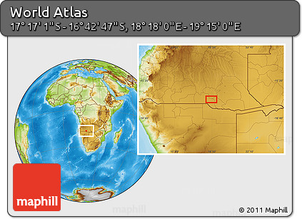 Physical Location Map of the Area around 16° 59' 54" S, 18° 46' 29" E