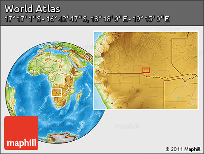 Physical Location Map of the Area around 16° 59' 54" S, 18° 46' 29" E