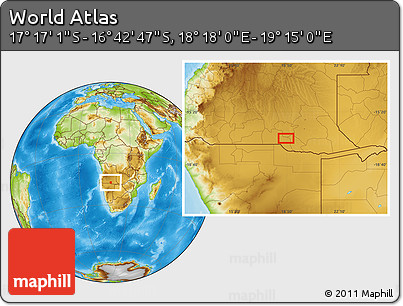 Physical Location Map of the Area around 16° 59' 54" S, 18° 46' 29" E