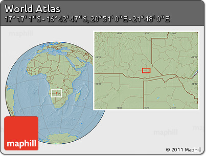 Savanna Style Location Map of the Area around 16° 59' 54" S, 21° 19' 30" E, hill shading