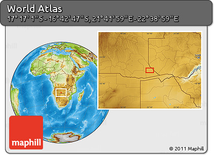 Physical Location Map of the Area around 16° 59' 54" S, 22° 10' 29" E