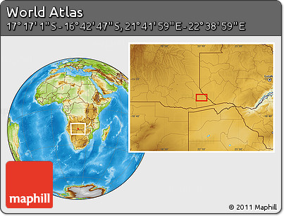 Physical Location Map of the Area around 16° 59' 54" S, 22° 10' 29" E