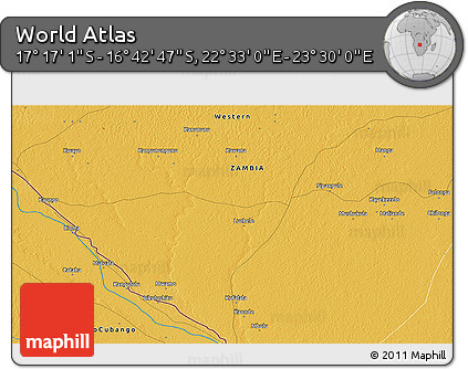 Physical 3D Map of the Area around 16° 59' 54" S, 23° 1' 29" E