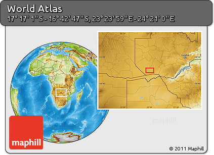 Physical Location Map of the Area around 16° 59' 54" S, 23° 52' 30" E