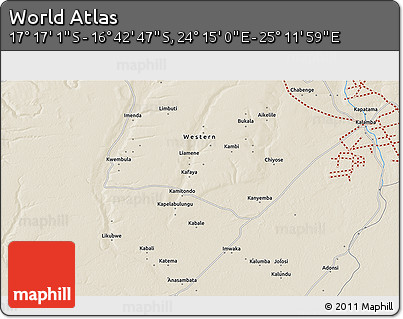 Shaded Relief 3D Map of the Area around 16° 59' 54" S, 24° 43' 30" E