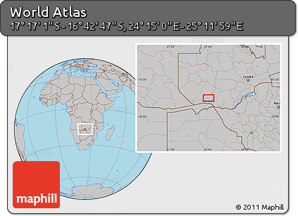 Gray Location Map of the Area around 16° 59' 54" S, 24° 43' 30" E