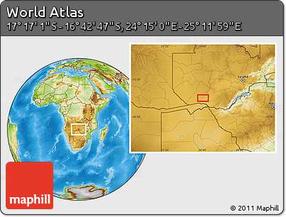 Physical Location Map of the Area around 16° 59' 54" S, 24° 43' 30" E
