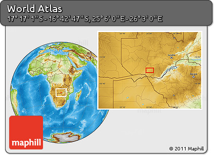 Physical Location Map of the Area around 16° 59' 54" S, 25° 34' 30" E