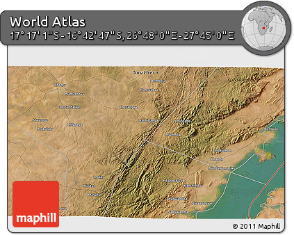 Satellite 3D Map of the Area around 16° 59' 54" S, 27° 16' 29" E