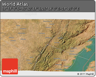 Satellite 3D Map of the Area around 16° 59' 54" S, 27° 16' 29" E