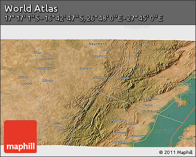 Satellite 3D Map of the Area around 16° 59' 54" S, 27° 16' 29" E