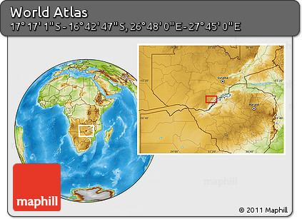 Physical Location Map of the Area around 16° 59' 54" S, 27° 16' 29" E