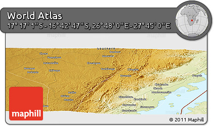 Physical Panoramic Map of the Area around 16° 59' 54" S, 27° 16' 29" E
