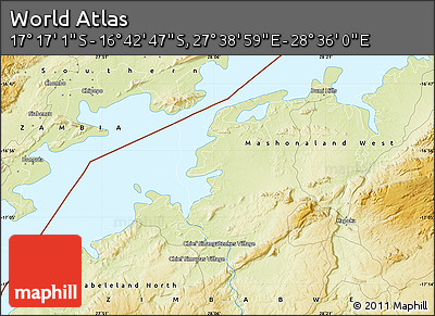 Physical Map of the Area around 16° 59' 54" S, 28° 7' 30" E